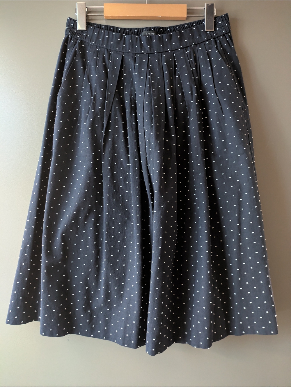 J.Crew Full Pleated Midi Skirt Vintage Clip Polka Dot Navy White Preppy XS